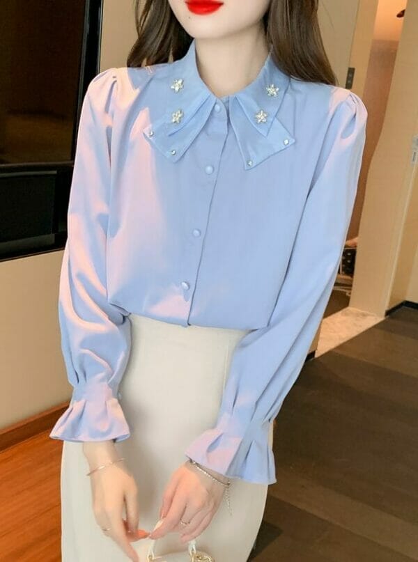 Spring New Beads Rhinestones Doll Collar Flare Sleeve Blouse 1