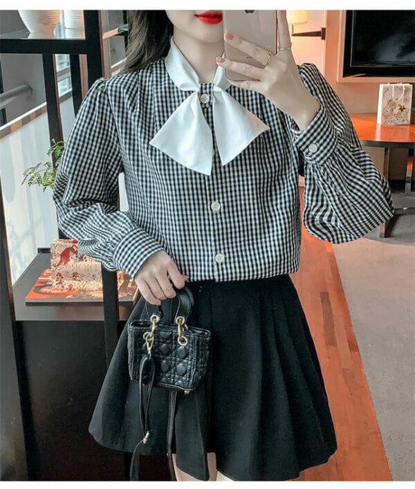 Spring New Bowknot Collar Plaids Long Sleeve Blouse 5