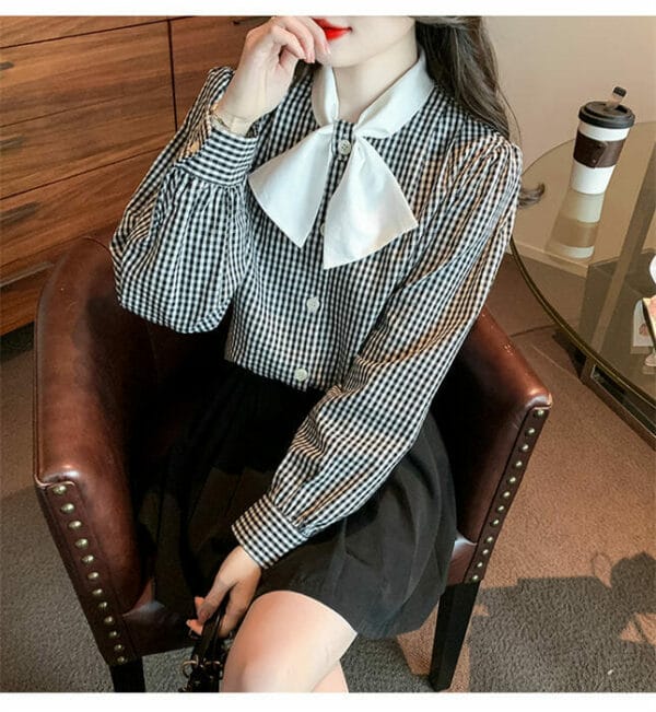 Spring New Bowknot Collar Plaids Long Sleeve Blouse 4