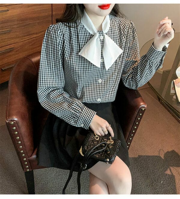 Spring New Bowknot Collar Plaids Long Sleeve Blouse 3