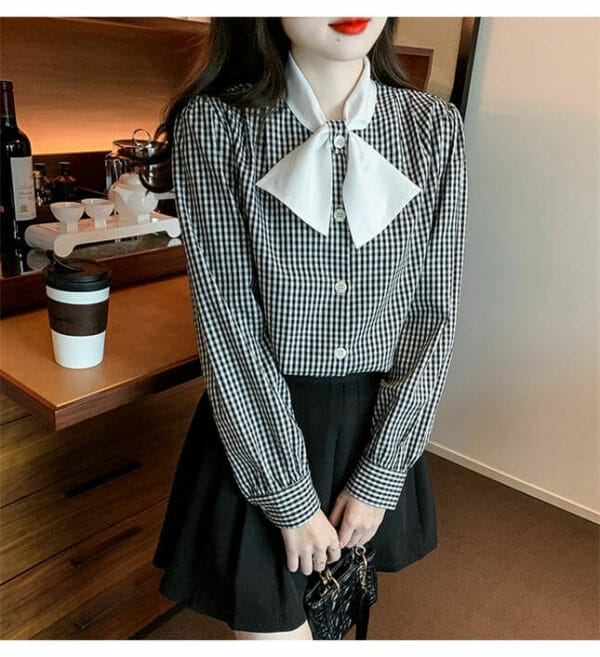 Spring New Bowknot Collar Plaids Long Sleeve Blouse 2