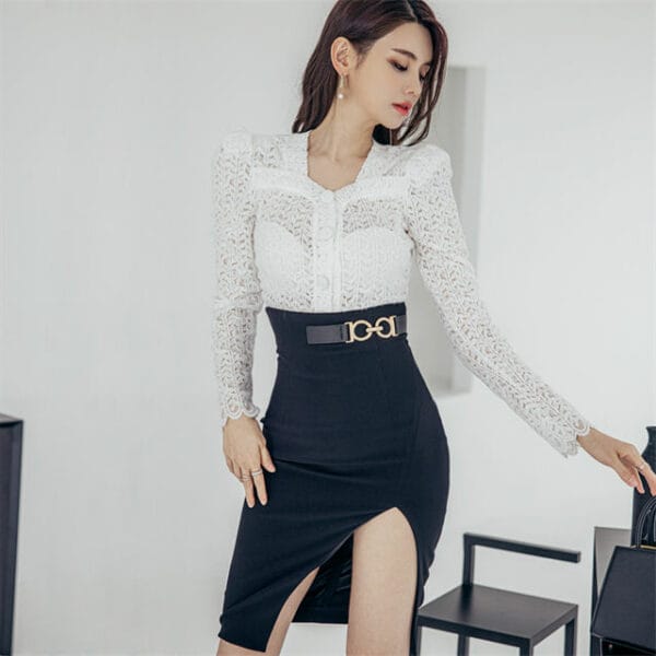 Spring New Buttons Lace Blouse with Split Midi Skirt 2