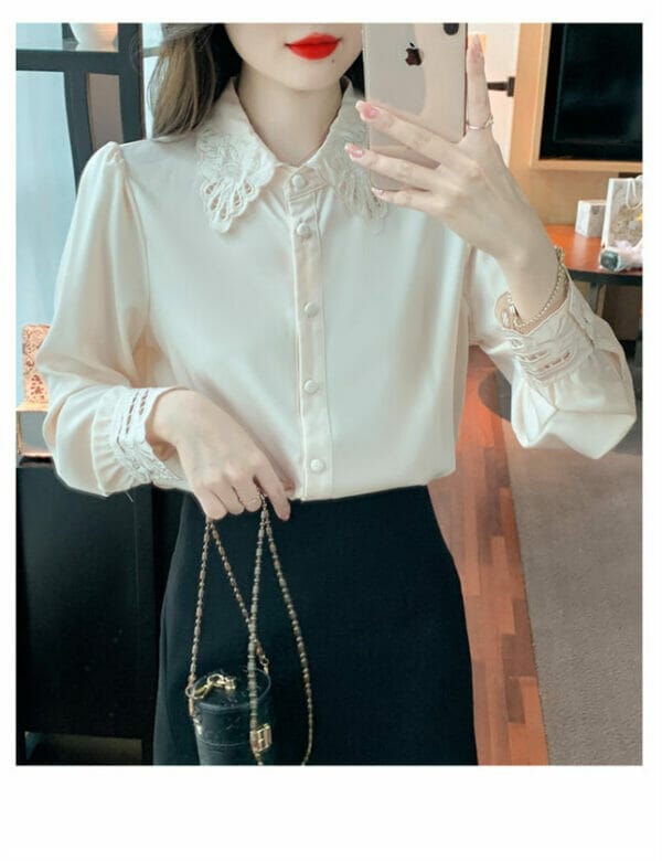 Spring New Hollow Out Flowers Embroidery Doll Collar Blouse 5