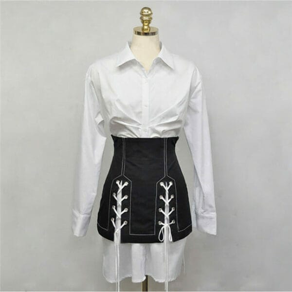Spring New Shirt Collar Loosen Dress with Tie Short Skirt 5