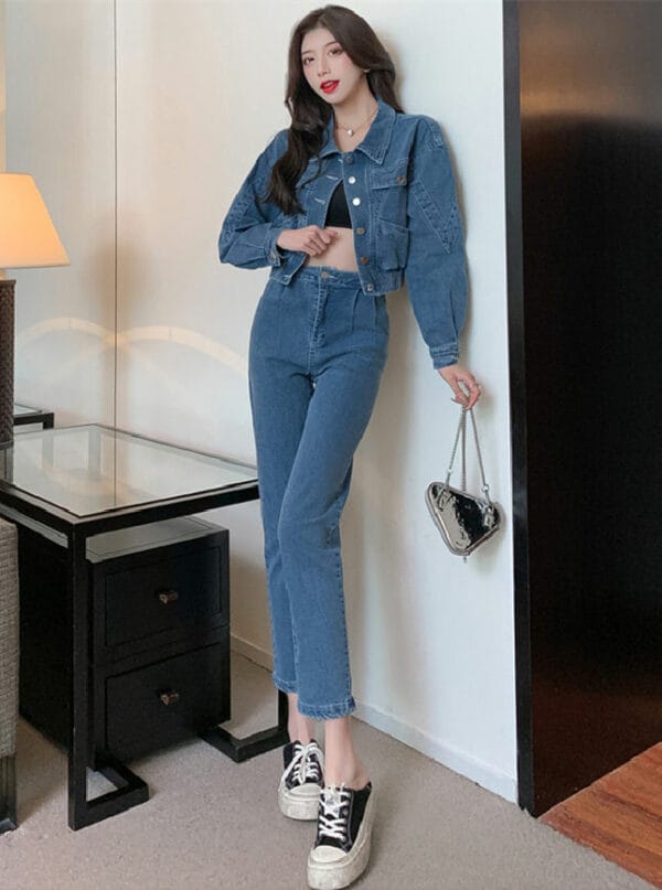 Spring New Single-breasted Denim Jacket with Slim Long Jeans 1