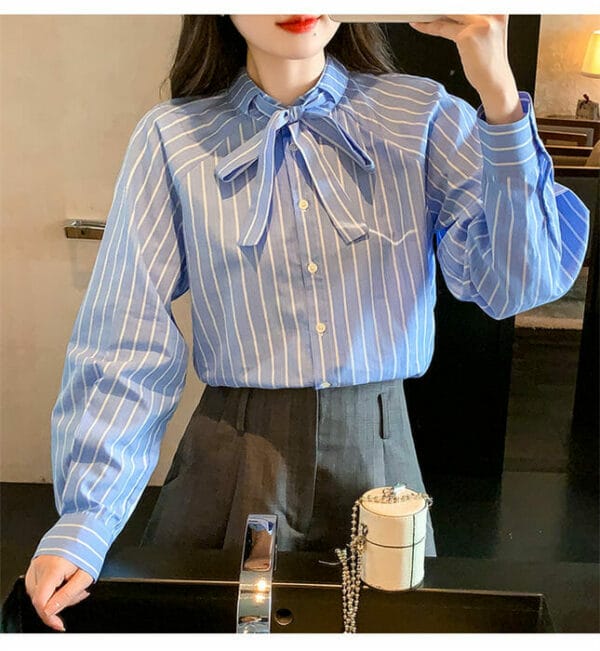 Spring New Tie Bowknot Collar Stripes Casual Blouse 4