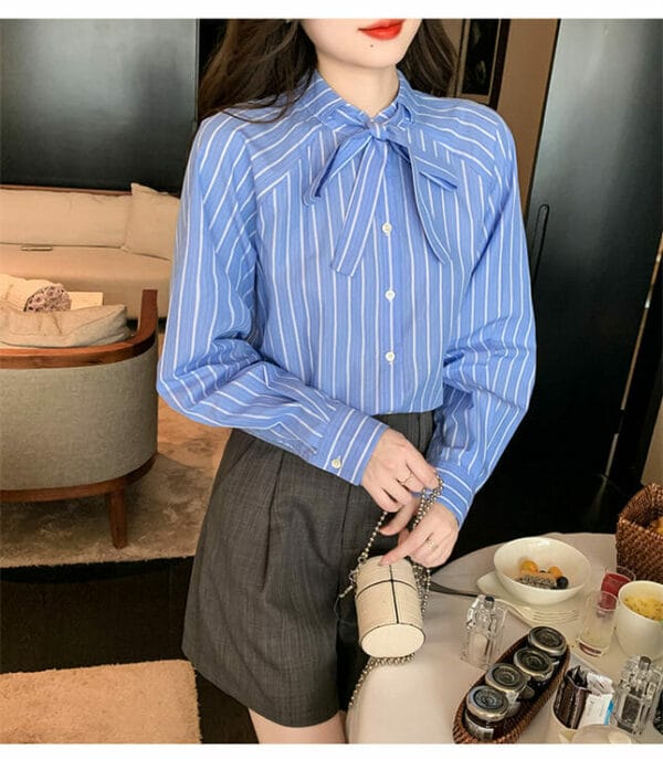 Spring New Tie Bowknot Collar Stripes Casual Blouse 3