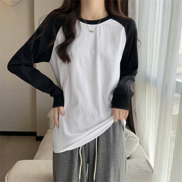 Spring Round Neck Color Block Cotton T-shirts 4