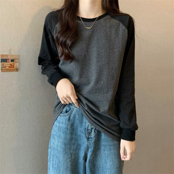 Spring Round Neck Color Block Cotton T-shirts 3