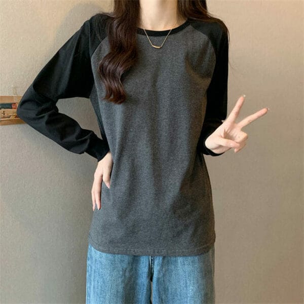 Spring Round Neck Color Block Cotton T-shirts 2