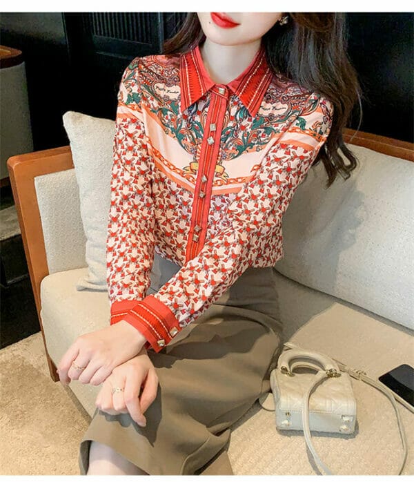 Spring Shirt Collar Flowers Long Sleeve Casual Blouse 4
