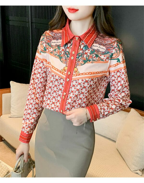 Spring Shirt Collar Flowers Long Sleeve Casual Blouse 3