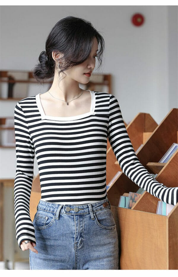 Spring Square Collar Stripes Cotton T-shirt 4