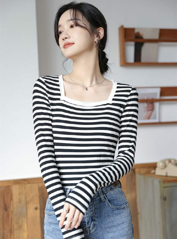 Spring Square Collar Stripes Cotton T-shirt 2