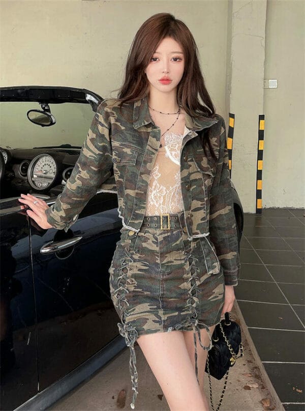 Street Fashion Camouflage Denim Jacket with Ties Skinny Skirt 4