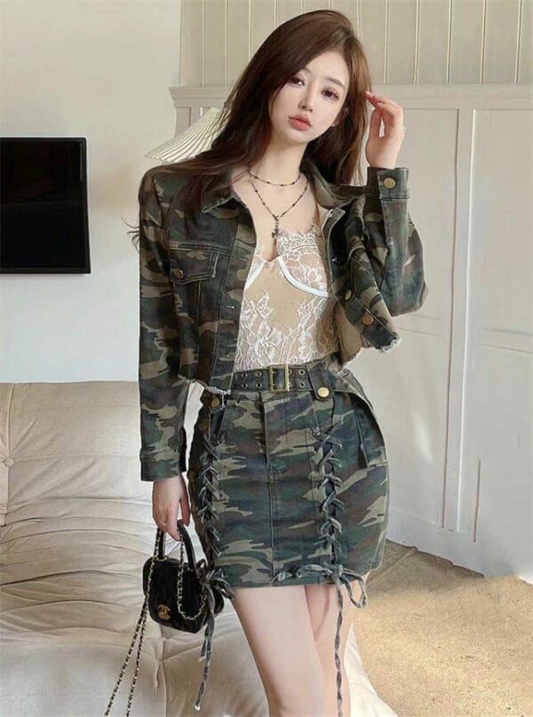 Street Fashion Camouflage Denim Jacket with Ties Skinny Skirt 3