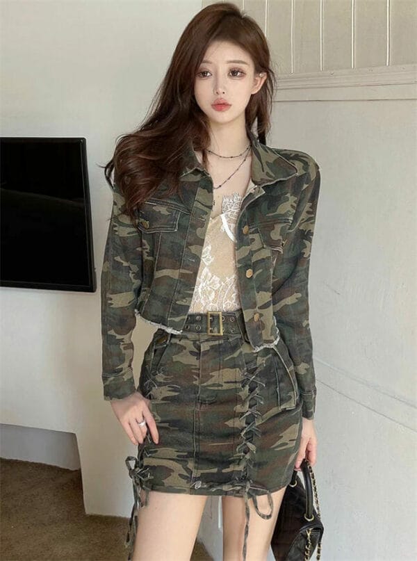Street Fashion Camouflage Denim Jacket with Ties Skinny Skirt 2