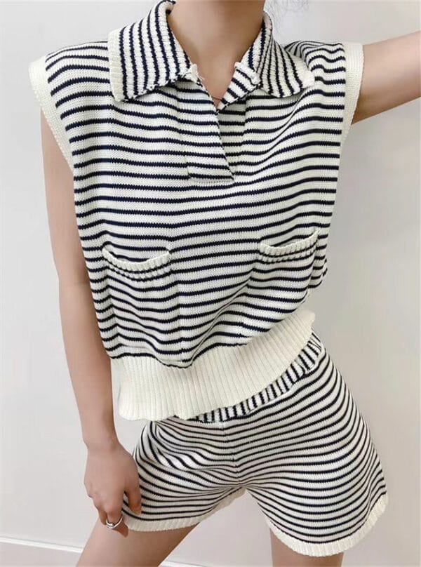 Street Fashion Turn-down Collar Stripes Knitting Short Suits 1