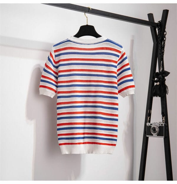 Stripes Round Neck Knitting T-shirt Elastic Waist Long Skirt 4