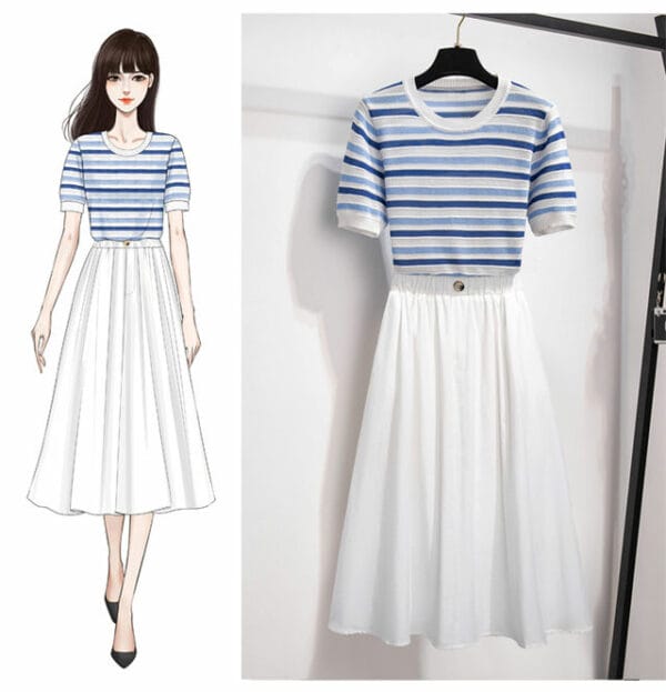 Stripes Round Neck Knitting T-shirt Elastic Waist Long Skirt 3