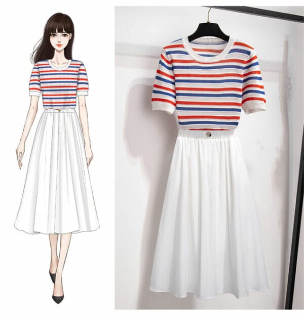 Stripes Round Neck Knitting T-shirt Elastic Waist Long Skirt 2