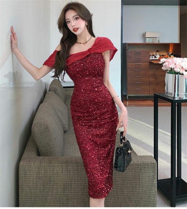 Stunning 4 Colors Gauze Off Shoulder Sequins Bodycon Dress 8