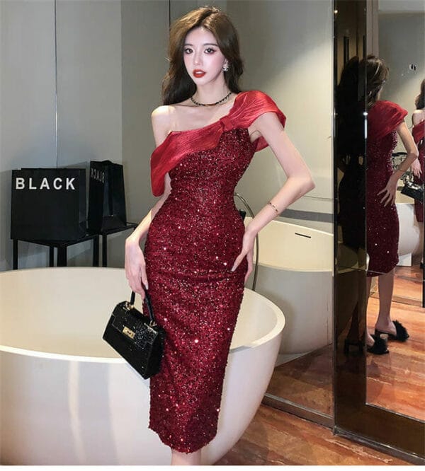 Stunning 4 Colors Gauze Off Shoulder Sequins Bodycon Dress 7