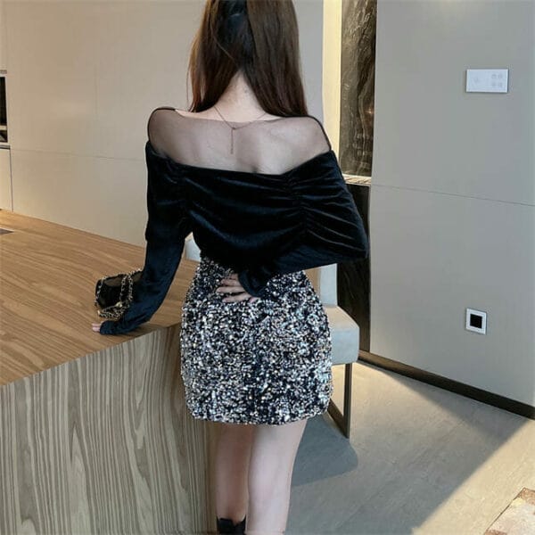 Stunning Fashion Gauze Shoulder Velvet Blouse with Sequins Skirt 5