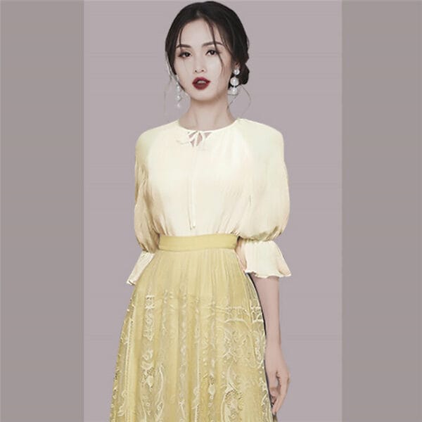 Stunning Fashion Puff Sleeve Blouse with Lace Long Skirt 2