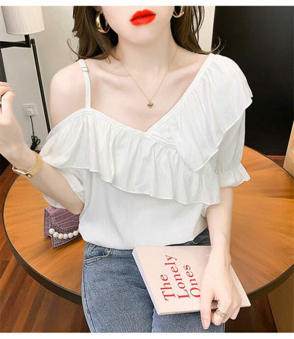 Stylish Flouncing Off Shoulder Puff Sleeve Blouse 6