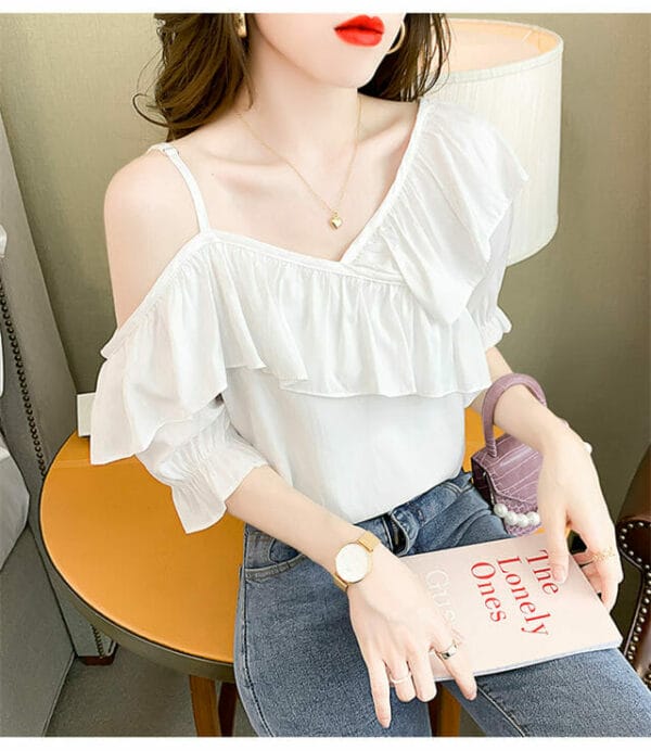 Stylish Flouncing Off Shoulder Puff Sleeve Blouse 5