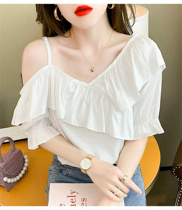 Stylish Flouncing Off Shoulder Puff Sleeve Blouse 4