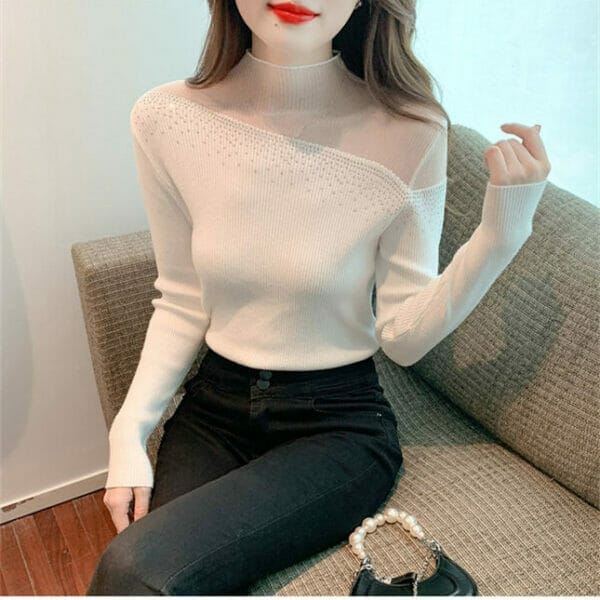 Stylish Korea 3 Colors Rhinestones Gauze Collar Slim Knit T-shirt 6