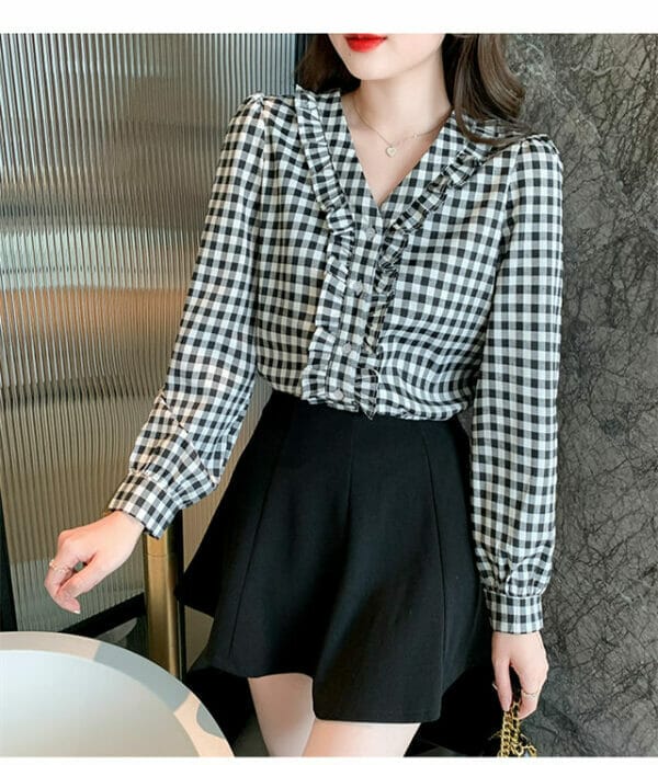 Stylish Korea Flouncing V-neck Plaids Puff Sleeve Blouse 4