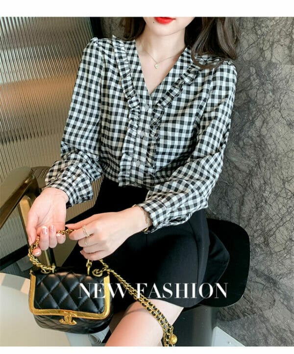 Stylish Korea Flouncing V-neck Plaids Puff Sleeve Blouse 3