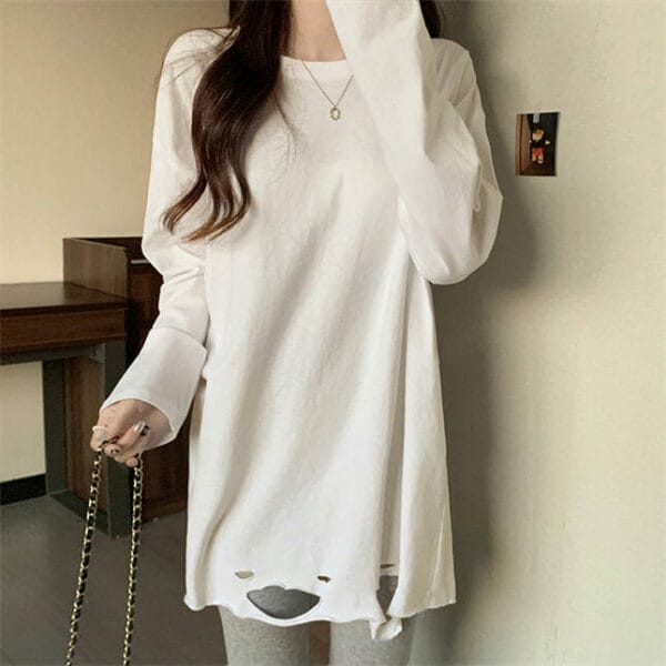 Stylish Korea Round Neck Broke Holes Cotton T-shirts 5