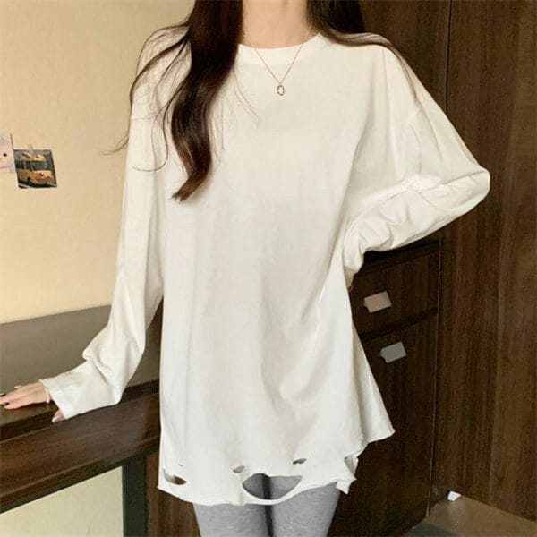 Stylish Korea Round Neck Broke Holes Cotton T-shirts 4