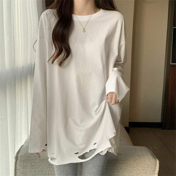 Stylish Korea Round Neck Broke Holes Cotton T-shirts 3