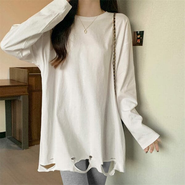 Stylish Korea Round Neck Broke Holes Cotton T-shirts 2