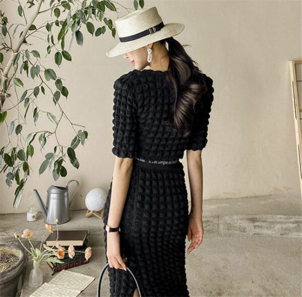 Stylish Korea Single-breasted Embossing Plaids Dress Set 5