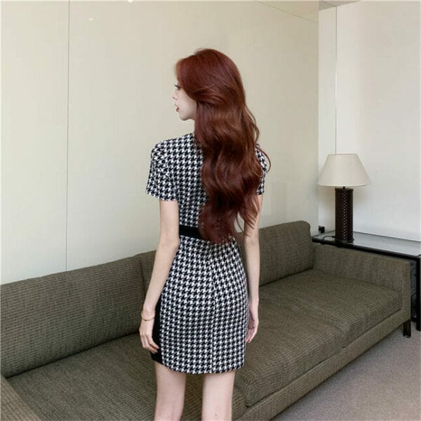 Stylish Korea Square Collar Houndstooth Short Sleeve Dress 5