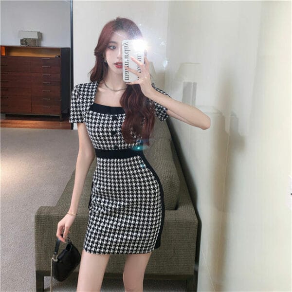Stylish Korea Square Collar Houndstooth Short Sleeve Dress 4