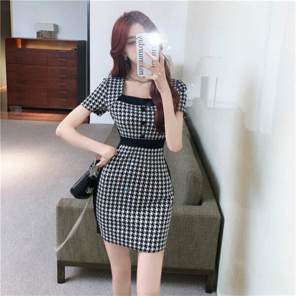 Stylish Korea Square Collar Houndstooth Short Sleeve Dress 3