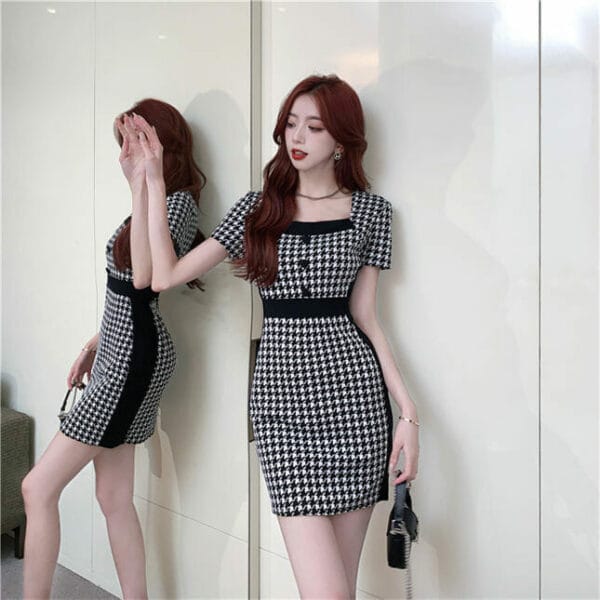Stylish Korea Square Collar Houndstooth Short Sleeve Dress 2