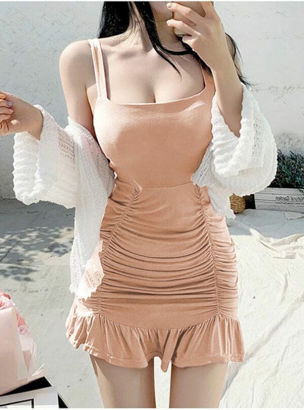 Stylish Korea Square Collar Pleated Fishtail Straps Dress 1