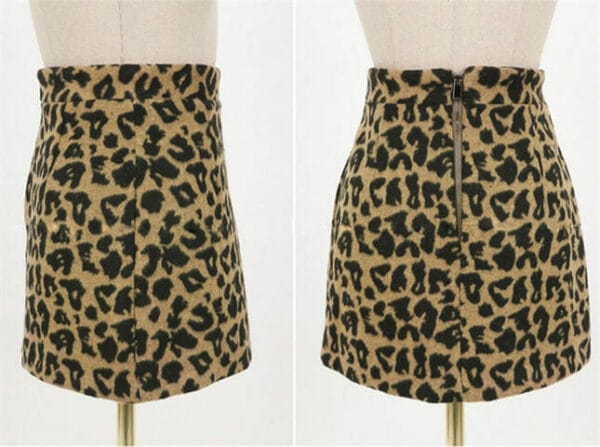 Stylish Korea Tailored Collar Leopard Wool Jacket with Short Skirt 5