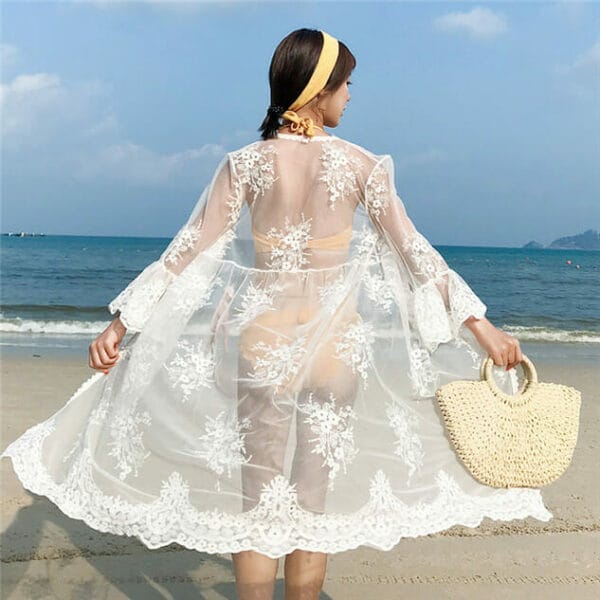 Stylish Lace Flowers Sun-block Bikini Cover Dress 5