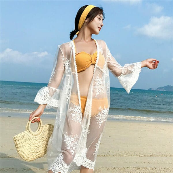 Stylish Lace Flowers Sun-block Bikini Cover Dress 2