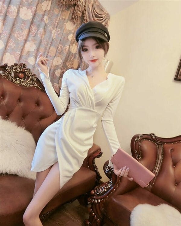 Stylish OL 2 Colors Pleated V-neck Long Sleeve Dress 3