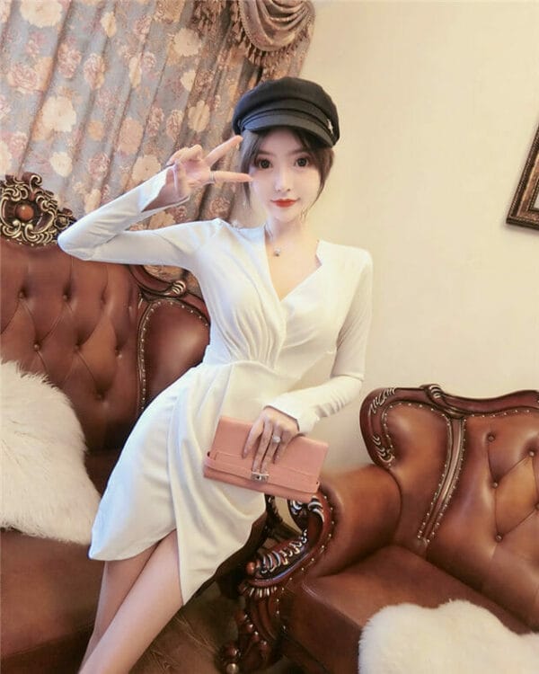 Stylish OL 2 Colors Pleated V-neck Long Sleeve Dress 2